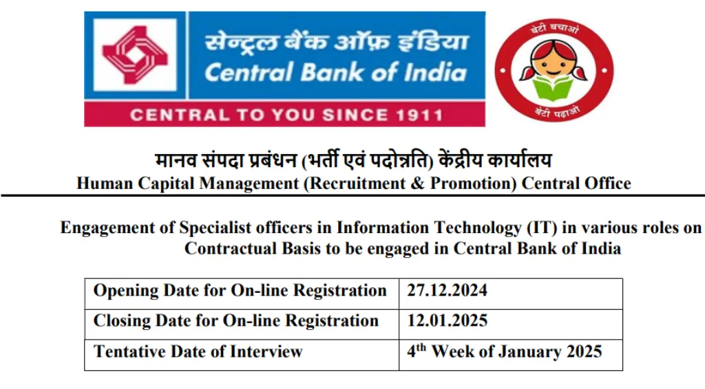 Central Bank of India SO Recruitment 2024-25 Notification OUT for 62 IT Specialist Officer Posts, Apply Online Now