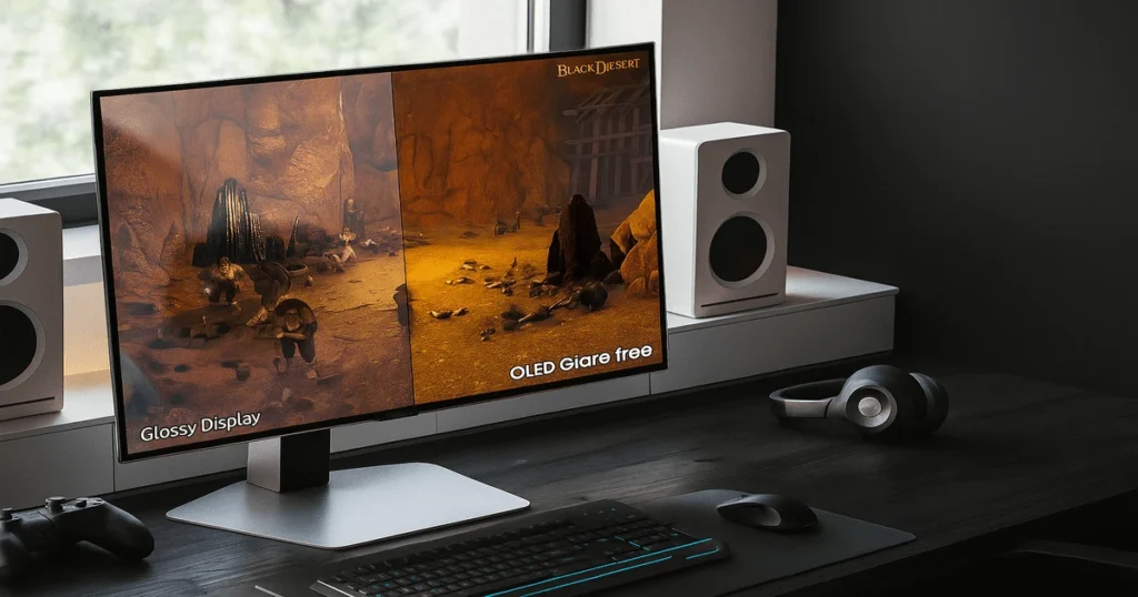A Samsung Samsung Odyssey OLED G6 gaming monitor on a desk, showing a split-screen comparison of its 'OLED Glare free' technology versus a standard 'Glossy Display'. The screen is displaying the game Black Desert to highlight how the glare-free feature improves visual clarity and reduces reflections for a better gaming experience