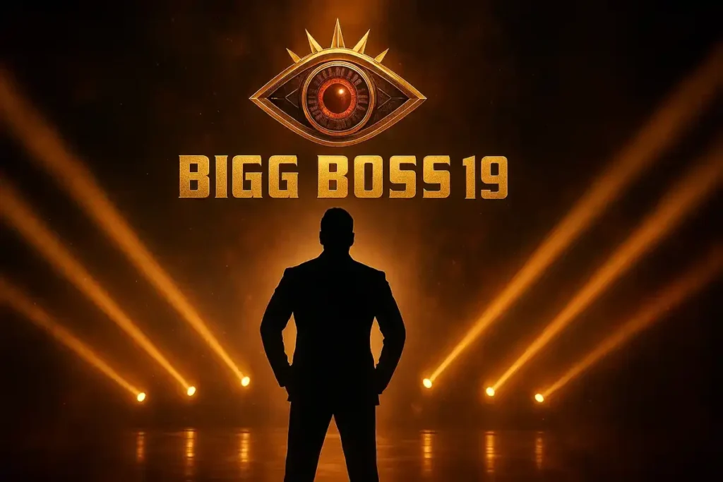 Bigg Boss 19 के नए सीजन का ऑफिशियल पोस्टर, जिसमें होस्ट सलमान खान की परछाई और शो का प्रतिष्ठित आंख वाला लोगो सुनहरी रोशनी के बीच दिखाई दे रहा है।