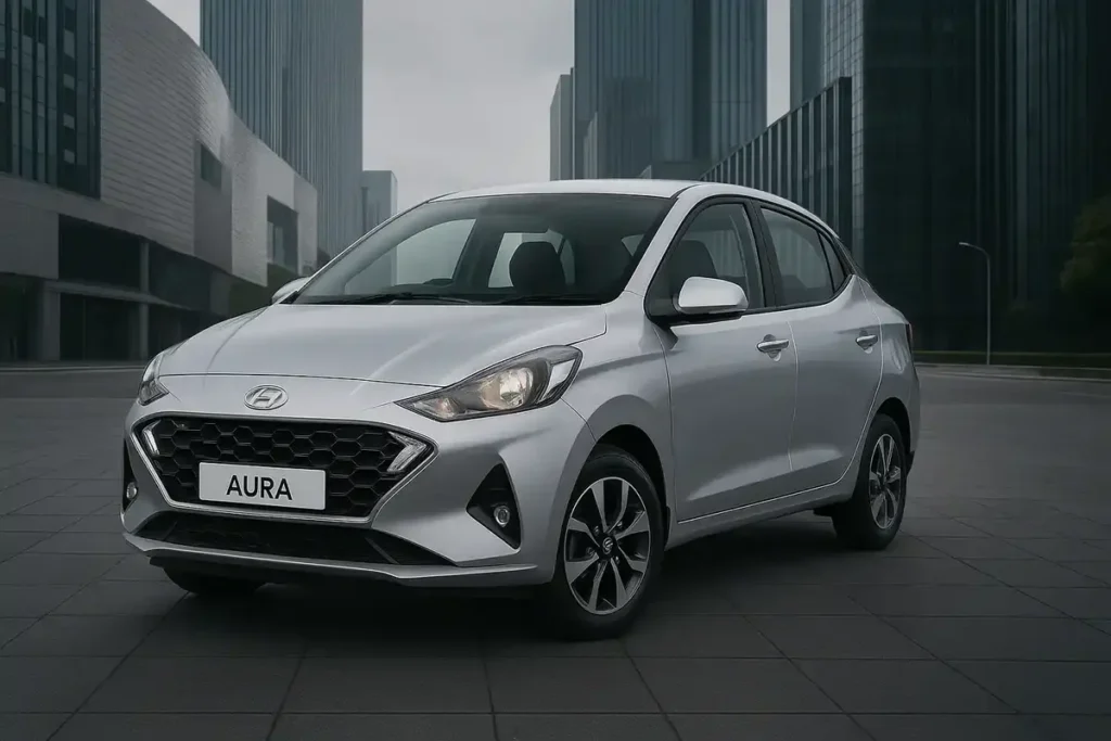 नई Hyundai Aura सेडान कार का सिल्वर कलर मॉडल, जो शहर में पार्क है। यह तस्वीर कार के प्रीमियम डिजाइन, फीचर्स और स्टाइलिश लुक को दर्शाती है।