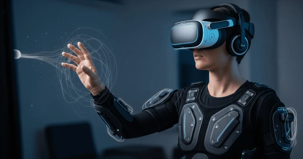 VR गेमिंग में हैप्टिक्स तकनीक का उपयोग करते हुए एक व्यक्ति का क्लोज-अप, जो एक वर्चुअल ऑब्जेक्ट को छूने का एहसास कर रहा है।