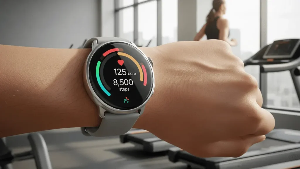 Google Pixel Watch 3 पर फिटनेस ट्रैकिंग फीचर का प्रदर्शन, जिसमें एक व्यक्ति की कलाई पर हार्ट रेट और स्टेप काउंट दिखाया गया है।