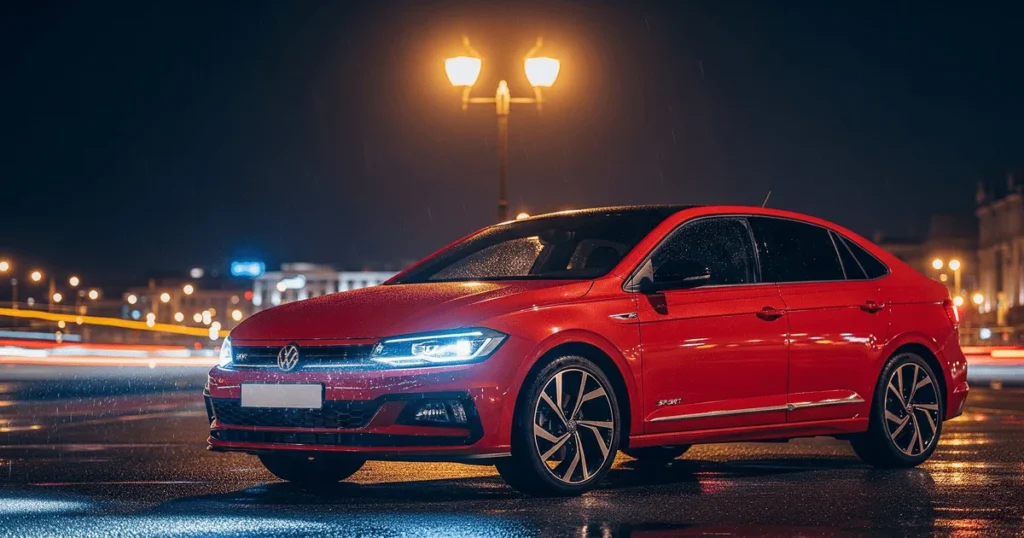 बारिश में भीगी रात में शहर की सड़क पर खड़ी लाल रंग की नई Volkswagen Virtus, जो अपने स्पोर्टी डिज़ाइन और LED हेडलाइट्स के साथ बेहद आकर्षक लग रही है।