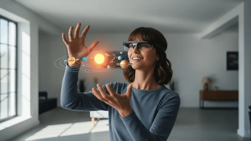 A woman experiencing immersive learning with augmented reality (AR) glasses, interacting with a detailed holographic solar system, representing the future of technology and the metaverse.