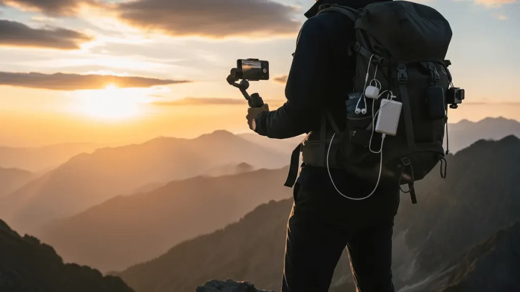 "A traveler captures a mountain sunset using a smartphone mounted on a gimbal, showcasing essential travel gadgets like a power bank and wireless earbuds attached to their hiking backpack
