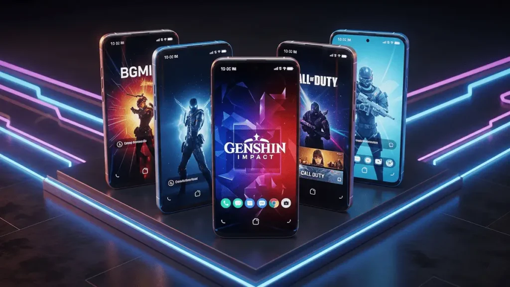 भारत में Top 5 Gaming Phones in India 2025 फ्यूचरिस्टिक नियॉन बैकग्राउंड में प्रदर्शित किए गए हैं। हर स्मार्टफोन की स्क्रीन पर BGMI, जेनशिन इम्पैक्ट और कॉल ऑफ ड्यूटी जैसे लोकप्रिय गेम दिख रहे हैं, जो उनकी शानदार गेमिंग परफॉरमेंस को दर्शाता है।