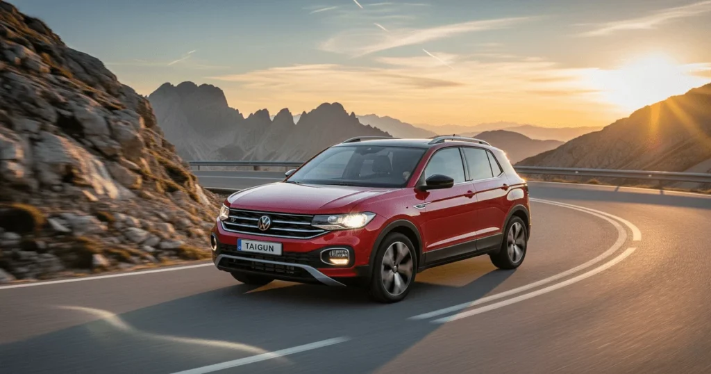 लाल रंग की Volkswagen Taigun Sport एसयूवी सूरज ढलते समय पहाड़ों की घुमावदार सड़क पर चल रही है, जो इसके एडवेंचर और स्टाइलिश लुक को दर्शाता है।