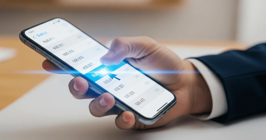 A hand holds a smartphone displaying a digital list of roll numbers, with a cursor highlighting "Roll No?", symbolizing a candidate checking their SBI Clerk Waiting List status and results.