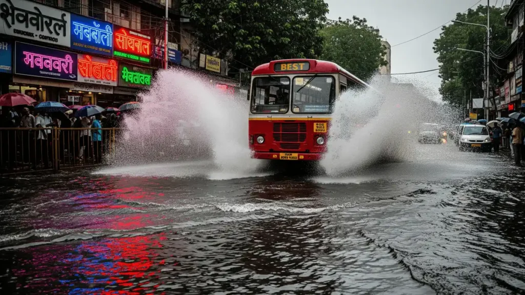 मुंबई में भारी बारिश के दौरान पानी से भरी सड़क से गुजरती हुई एक लाल रंग की BEST बस, जिससे पानी के बड़े छींटे उड़ रहे हैं