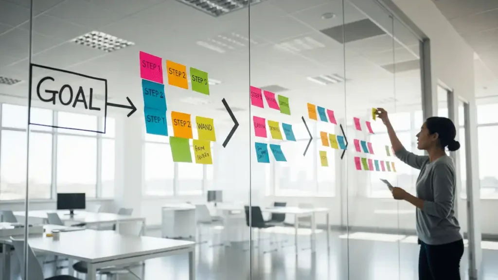 A woman in a bright office strategically breaking down a large "GOAL" into small, actionable steps using colorful sticky notes on a glass wall, a key technique for staying motivated and achieving success.