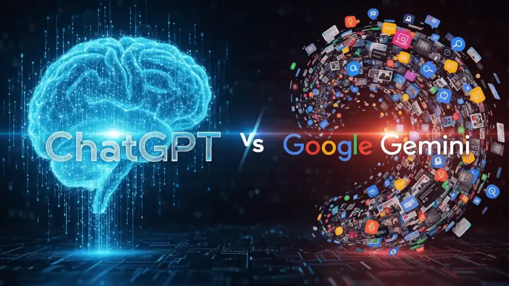 ChatGPT Vs Google Gemini की तुलना दिखाती हुई एक इमेज, जिसमें एक तरफ डिजिटल दिमाग और दूसरी तरफ गूगल ऐप्स की दुनिया है