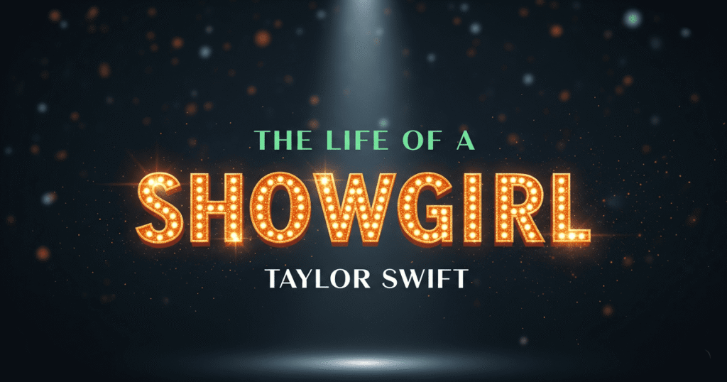 टेलर स्विफ्ट के नए एल्बम 'The Life of a Showgirl' का एक स्टाइलिश टाइपोग्राफिक पोस्टर। इसमें 'SHOWGIRL' शब्द एक बड़े, चमकीले ग्लिटर ऑरेंज फॉन्ट में लिखा है, जिस पर स्पॉटलाइट पड़ रही है।