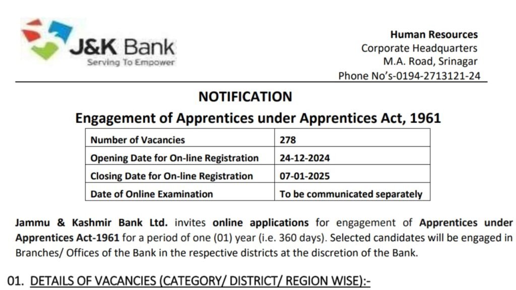 JK Bank Apprentice Vacancy 2024-25