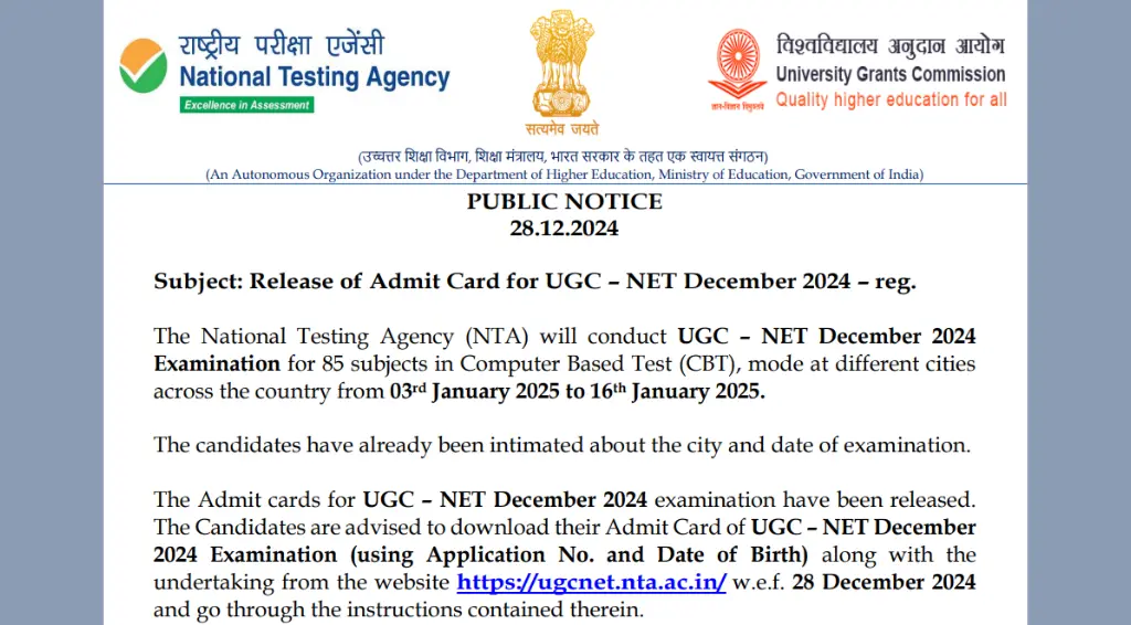 UGC NET Admit Card OUT for December 2024 Exam, Download Now